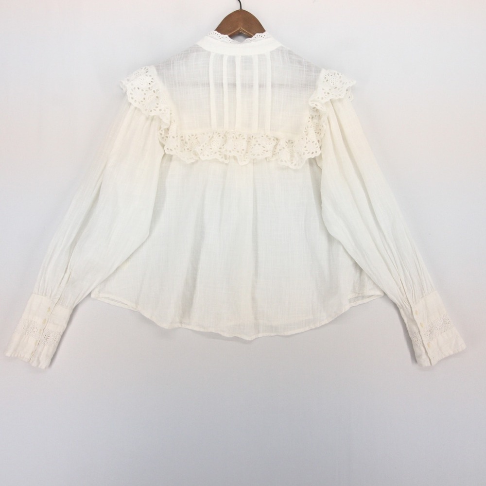 Free People Blouse Womens M White Eyelet Ruffle Victorian Boho Long Sleeve - Picture 2 of 11